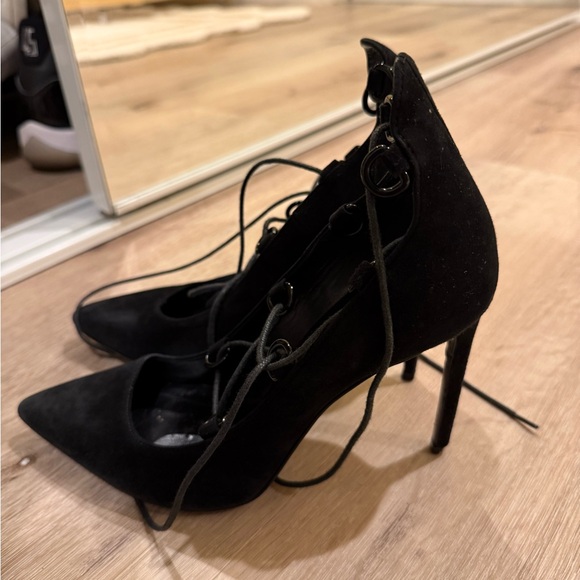 Saint Laurent Paris Thorn Lace-Up Pointed Toe Pumps Black Suede Size 37.5 - Picture 7 of 8